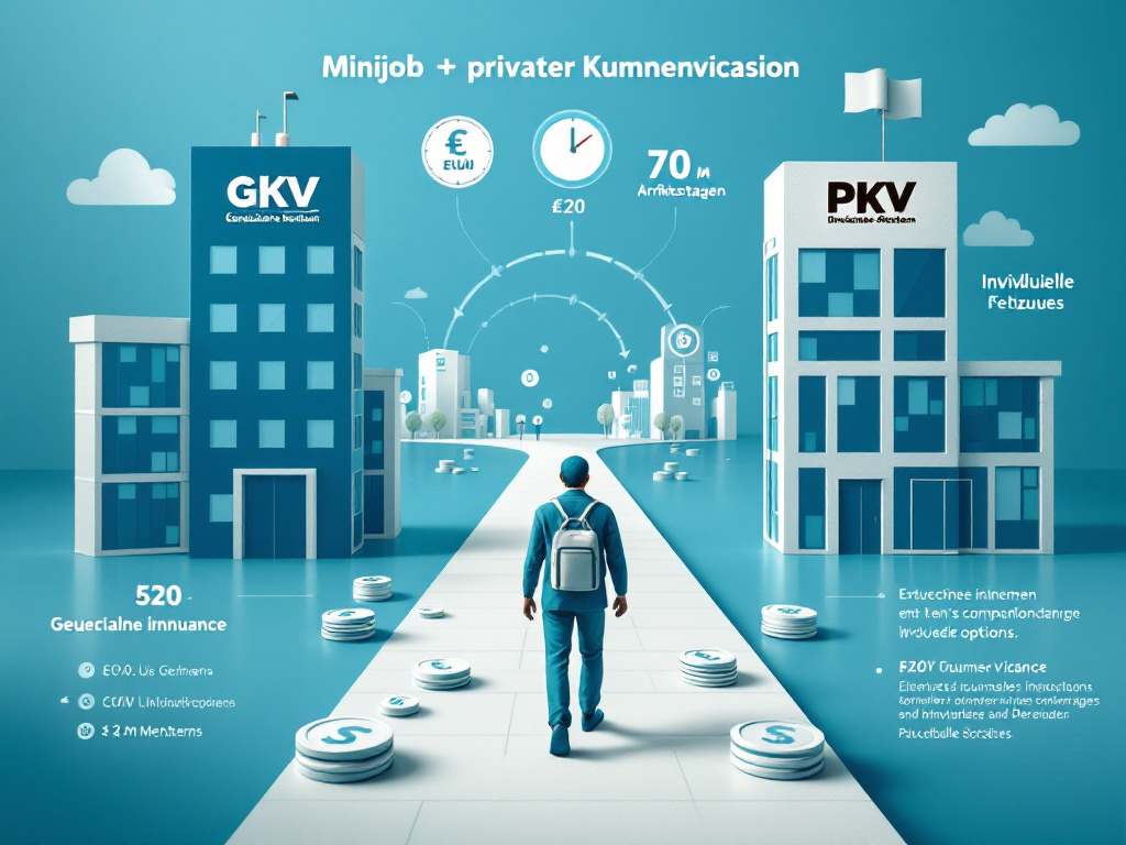 Minijob und private Krankenversicherung: Grafische Darstellung zur Verbindung von flexibler Arbeit und Gesundheitsvorsorge mit hinweisenden Icons, Zahlen und symbolischen Gebäuden für GKV und PKV, ideal für Suchmaschinenoptimierung und Informationszwecke.