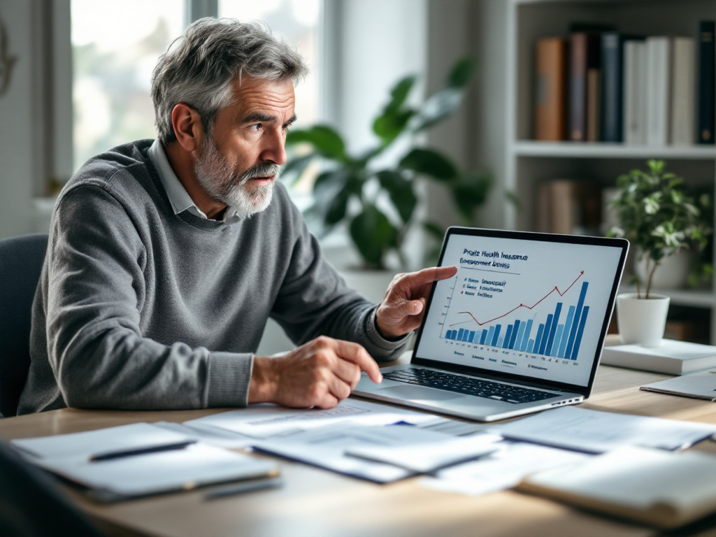 Mann in grauem Pullover analysiert Daten zu Gesundheitsversicherung und Beschäftigung auf Laptop, umgeben von Unterlagen und Pflanzen in modernem Büro.